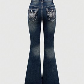 Resim Trendsetter, Şık Nakışlı & Taşlı Kadın Flare Kot Pantolon - Esnek, Rahat Kesim kot Cepli 