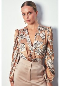 Resim Sateen Desenli Bodysuit Bluz - Camel 