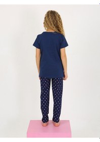 Resim Kız Çocuk Kısa Kollu %100 Pamuklu Pijama Takımı Cute Love Lacivert 