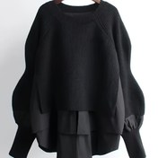 Resim Kadın Kazak - Şık İki Katmanlı Görünüm, İlkbahar/Sonbahar Geçiş Mevsimi için Siyah Kazak, Ofis ve Parti Stili, Dokulu Örgü Kazak 