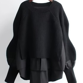 Resim Kadın Kazak - Şık İki Katmanlı Görünüm, İlkbahar/Sonbahar Geçiş Mevsimi için Siyah Kazak, Ofis ve Parti Stili, Dokulu Örgü Kazak 