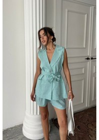 Resim Moderie Butik Keten Yelek - Şort Takım - Mint Mint 