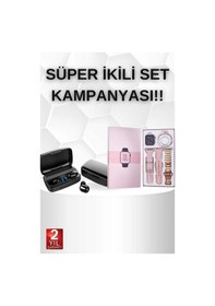 Resim Wireless Şarjlı Pembe Akıllı Saat Ve Kablosuz Bluetooth Kulaklık Dokunmatik Kontrol 