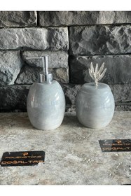 Resim Polen Stone Elips Model Mermer Sıvı Sabunluk Ve Kapaklı Pamukluk 2'li Set 