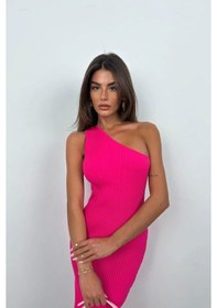Resim Tek Omuz Yırtmaçlı Elbise Fuşya 