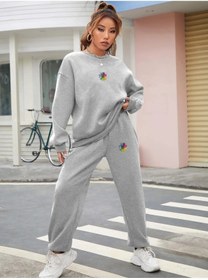 Resim LAND MODA Kadın Renki Çiçek Baskılı Sweatshirt Eşofman Alt Üst Takımı 