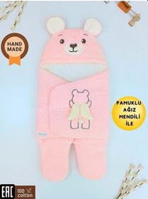 Resim Kışlık Bebebk Battaniyesi Ayaklı Dış Kundak Yumuşak Dokulu Sevimli Ayıcık Nakış Arya Kumaş Pamuklu Pembe 