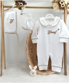 Resim Gros Shop Biyeli 3'lü %100 Pamuklu Hastane Çıkış Tulum Seti Kişiye Özgü İs Kahverengi 