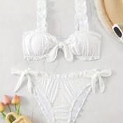 Resim Eyelet Nakışlı Düz Beyaz 2 Parça Bikini Seti, Volan Esnek Düğüm Sevimli Mayo, Kadın Mayo ve Giyim 