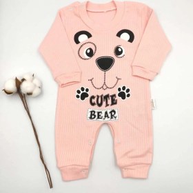 Resim Bebek Star Ayı Baskılı Somon %100 Cotton Kız Bebek Tulumu 