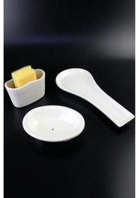 Resim 3 Parça Seramik Mutfak Set Kaşıklık Süngerlik Katı Sabunluk Krem Diğer 