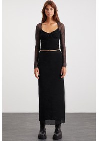 Resim Grimelange Beulah Kadın Maxi Boy Slim Fit Beli Lastikli Tül Batik Desenli Siyah Etek Siyah 