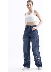Resim 2424 Kadın Yıldız Detaylı Baggy Jeans Kot Denim Pantolon Mavi 