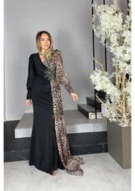 Resim Ges Moda G1296 Leopar Detaylı Tasarım Abiye Elbise Siyah Siyah 