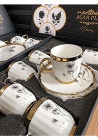 Resim Acar Melody 6 Kişilik Porselen Kahve Fincanı Takımı 90 Ml 5142 Gold Model-1 Beyaz - Gold 