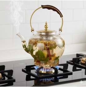 Resim Morponi Ahşap Saplı Isıya Dayanıklı Borosilikat Amber Cam Demlik 1200 Ml Süzgeçli Cam Demlik Oval Amber 