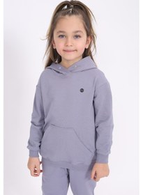 Resim Kız Çocuk Relax Fit Kapüşonlu Cepli Baskılı Sweatshirt - 2 İplik Koyu Gri 