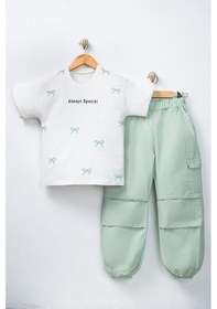 Resim Aden Kids 10-13 Yaş Yeşil Renk Oversize Kız Çocuk Pamuk Keten Pantalonlu Alt Üst Takım Su Yeşili 