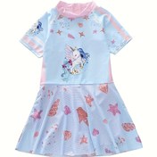 Resim Kızlar için Tek Parça Yüzme Kıyafeti - Esnek, Hızlı Kuruyan Kumaş Kısa Kollu ve Yuvarlak Yaka ile - Renkli Çiçek ve Kelebek Tasarımı - Yaz Eğlencesi, Günlük Giyim ve Yüzme Dersleri için Mükemmel 