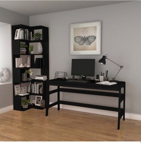 Resim Woodesk Bohem, Ahşap, Masa Ve Köşe Kitaplık Takımı, Siyah Renk Siyah 