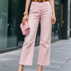 Resim Kadınlar için Esnek Yeni Bol Düz Bacaklı Pembe Dokuz Cep Kot Pantolon, Yüksek Bel Karın Kontrolü Rahat Pantolonlar ile Klasik Görünüm, Yumuşak ve Rahat Geniş Bacaklı Pantolonlar, İş, Seyahat ve Ofis Giyimine Uygun. 