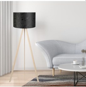 Resim Pratik Ahşap Krem Üç Ayaklı Lambader Siyah Dal Desenli Başlık Pvc Siyah 