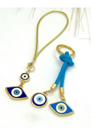 Resim Azrua Lacivert Göz Şekilli Araba Ayna Süsü, Araba Nazarlık ve Mavi İpli Göz Şekilli Metal Anahtarlık Seti 