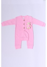 Resim Hçm Bebek Tulum Şapka Hediyeli Düğmeli Ayıcık Detaylı C32 Pembe 