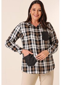 Resim Metal Düğmeli Deri Detaylı Çift Cepli Kol Katlamalı Ekose Büyük Beden Gömlek-35256-kahve Kahverengi 