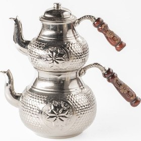 Resim Büyük Boy Gaziantep Bakır Çaydanlık Takımı Ve Balkon Sefası Takımı Kabartmalı Yıldız İşlemeli Gümüş 