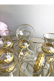 Resim Petek Gold Aurora 12 Parça 6 Kişilik Çay Takımı - Altın Detaylı Lüks Sunum Seti Şeffaf 