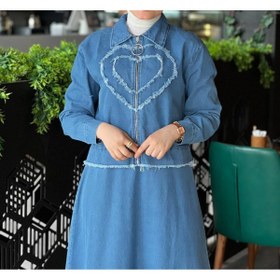 Resim Esre Store 4520 - Kalp Desen Kot Kumaş Tesettür Takım Mavi 