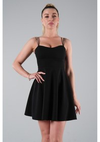 Resim Feminist Siyah İnce Askılı Sırt Dekolteli V Yaka Kloş Abiye Elbise & Mezuniyet Elbisesi 0104026.01 Siyah 