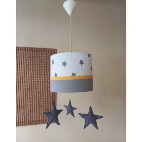 Resim Onay M-353 Beyaz Yıldızlı Gri Sarı Kumaş Kaplama Çocuk Odası ve Genç Odası Avize Aydınlatma Sarkıt 