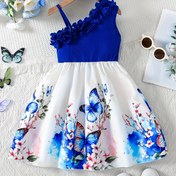 Resim Şık Kızlar için Kolsuz Fırfır Detaylı Kelebek Baskılı Çiçek Ayrıntılı Elbise - Lacivert ve Beyaz, Esnek Polyester Karışımı, Makinede Yıkanabilir, Yazlık Geziler İçin Mükemmel 