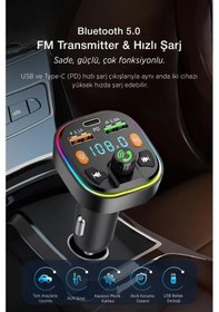 Resim Bluetooth Araç Çakmaklık Fm Transmitter Işıklı Mp3 Çalar Type-c Hızlı Şarj Araç Şarj Cihazı 