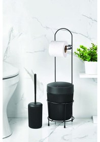 Resim Metal Standlı Yuvarlak Kovalı & Kağıtlıklı & Fırçalıklı Siyah Banyo Takımı Çok Renkli 