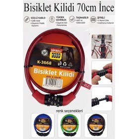 Resim Şifreli Bisiklet Kilidi 70 Cm İnce 1 Adet K-3668 Çelik Halat Plastik Kaplamalı Bisiklet Kiliti Scooter Kapı Şifreli Kırmızı 