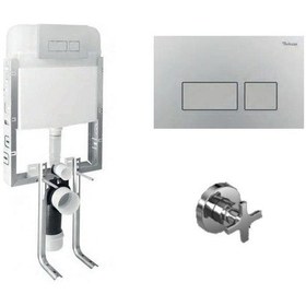 Resim Turkuaz Ova Gömme Rezervuar 3'lü Set Kumanda Paneli+Stop Valf Krom 