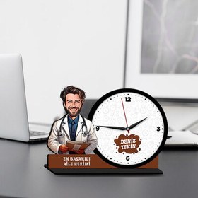 Resim Erkek Aile Hekimi Karikatürlü MDF Masa Saati 