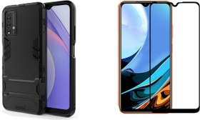 Resim Microcase Xiaomi Redmi 9T Alfa Serisi Armor Standlı Perfect Koruma Kılıf + Tam Kaplayan Cam - Siyah 