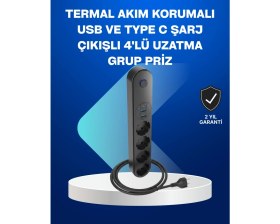 Resim Zero Land Hnrlishp Akıllı Akım Dengelemeli 4’lü Çoklu Priz Type-C ve USB Çıkışlı 
