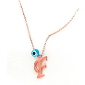 Resim F Harfli Nazar Boncugu Detayli Gümüş Rose Kolye 