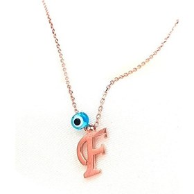 Resim F Harfli Nazar Boncugu Detayli Gümüş Rose Kolye 