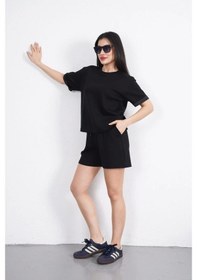 Resim Mzpkartan Osy Modal Yumuşak Dokulu Kumaş Kadın Bisiklet Yaka T-shirt Kısa Şort İkili Takım - Siyah Siyah 