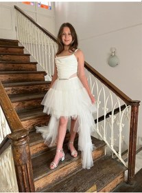 Resim Butikhappykids Kız Askılı Beyaz Zincir Detaylı Kat Etekli Kuyruklu Abiye 10-15 Yaş Beyaz 
