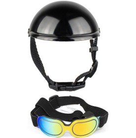 Resim Kulak Deliği İle Köpek Kaskı Evcil Hayvan Kaskı Ve Gözlük Seti Ayarlanabilir Kayışlı Köpek Güneş Gözlüğü Bisiklet İçin Yavru Köpek Başlığı La 