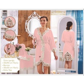 Resim Elena Kadın Fransız Dantelli Balayı Çeyizlik Bornoz Seti Pudra 