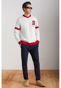 Resim Grimelange Reynon Erkek V Yakalı Aplikeli Organik Pamuklu Içi Polarlı Yumuşacık V Yaka Taş Rengi Sweatshirt 