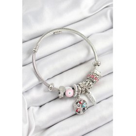 Resim 316L Çelik Pembe Nazarlı Zirkon Taşlı Inci Detaylı Hayat Ağacı Model Gümüş Renk Charm Bileklik 